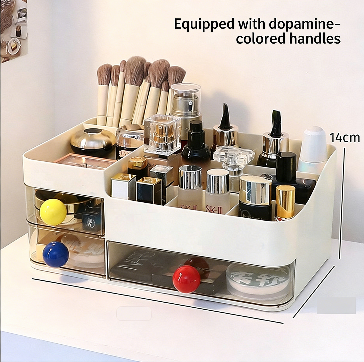 ⏳Time-Limited Special⏰💄💥💯Makeup Organizer with Drawers and 360° Rotating Brush Holder, Large Capacity Cosmetic Storage for Vanity, Skincare, Perfume, Hair Accessories, Lipstick & Jewelry