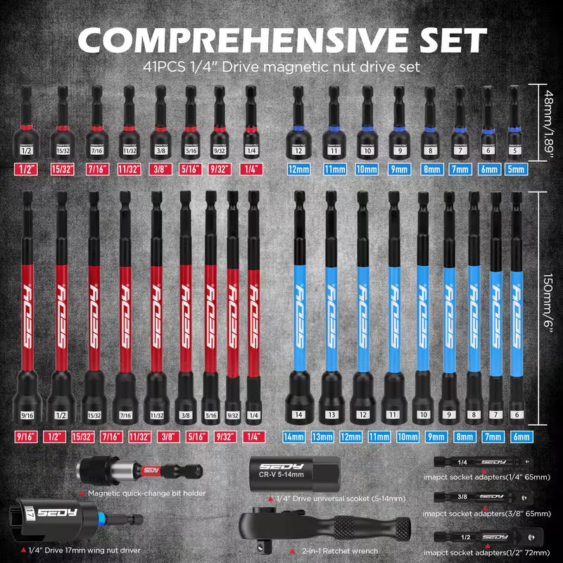 SEDY 41pcs Magnetic Impact Nut Driver Set, Metric & SAE, 2-in-1 Ratchet Wrench & Socket Kit
