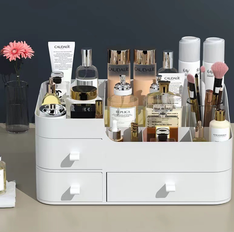 ⏳Time-Limited Special⏰💄💥💯Makeup Organizer with Drawers and 360° Rotating Brush Holder, Large Capacity Cosmetic Storage for Vanity, Skincare, Perfume, Hair Accessories, Lipstick & Jewelry