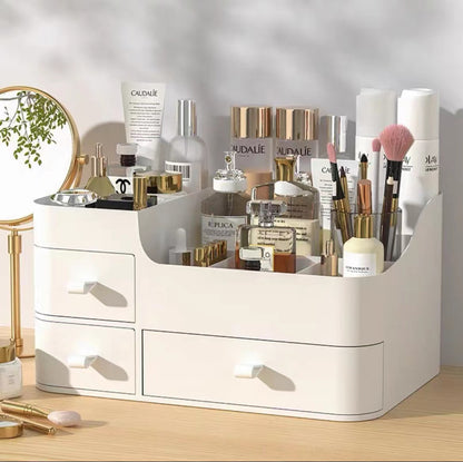 ⏳Time-Limited Special⏰💄💥💯Makeup Organizer with Drawers and 360° Rotating Brush Holder, Large Capacity Cosmetic Storage for Vanity, Skincare, Perfume, Hair Accessories, Lipstick & Jewelry