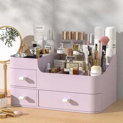 ⏳Time-Limited Special⏰💄💥💯Makeup Organizer with Drawers and 360° Rotating Brush Holder, Large Capacity Cosmetic Storage for Vanity, Skincare, Perfume, Hair Accessories, Lipstick & Jewelry