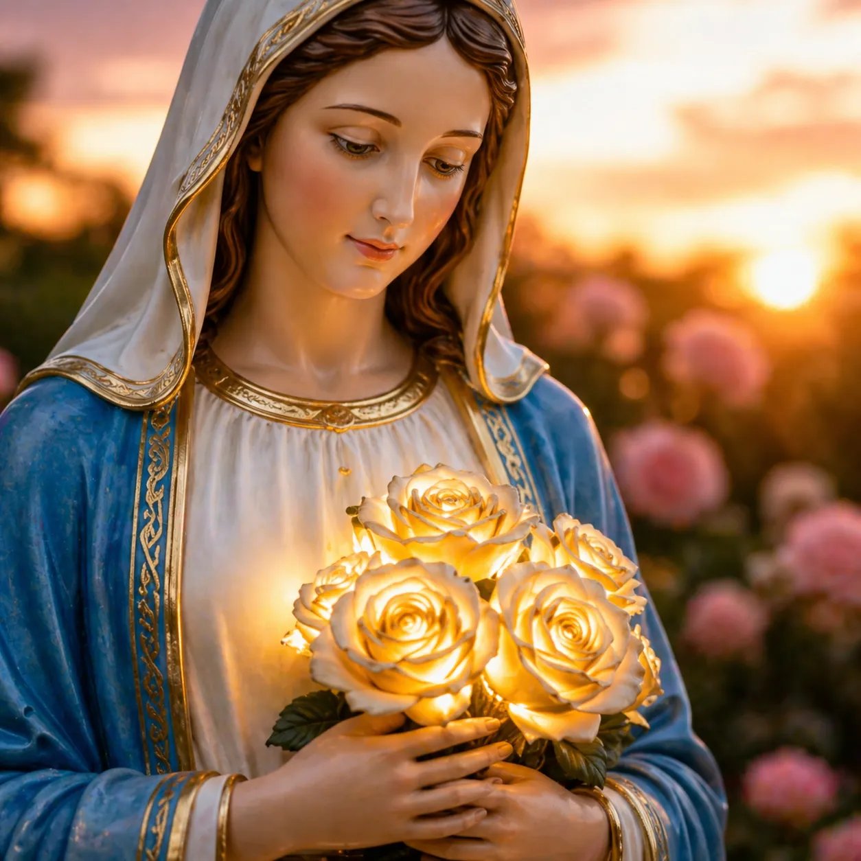 Virgin Mary Statue with Glowing Roses Solar Garden Light