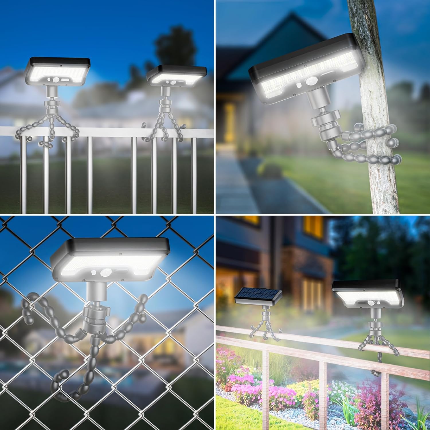 LED outdoor solar lamp, with waterproof and motion sensor, octopus stand, optical diffuse lens, USB and solar power supply, featuring 3 modes and adjustable Angle It is suitable for fences, gardens, gates and other places