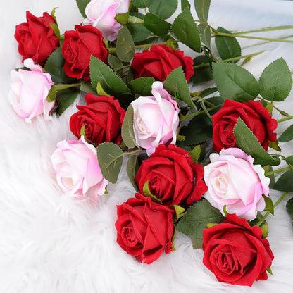 Multi-Color Real Touch Artificial Roses, 10 Pcs Long Stem Silk Faux Roses for Home Wedding Hotel Office Centerpiece Decor