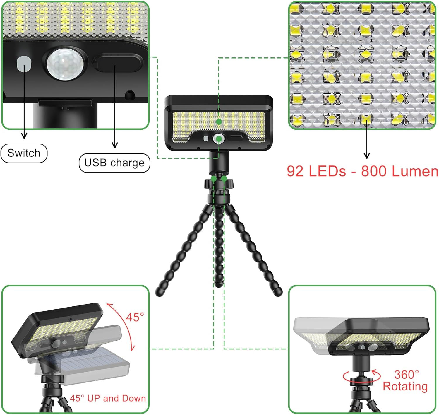 LED outdoor solar lamp, with waterproof and motion sensor, octopus stand, optical diffuse lens, USB and solar power supply, featuring 3 modes and adjustable Angle It is suitable for fences, gardens, gates and other places