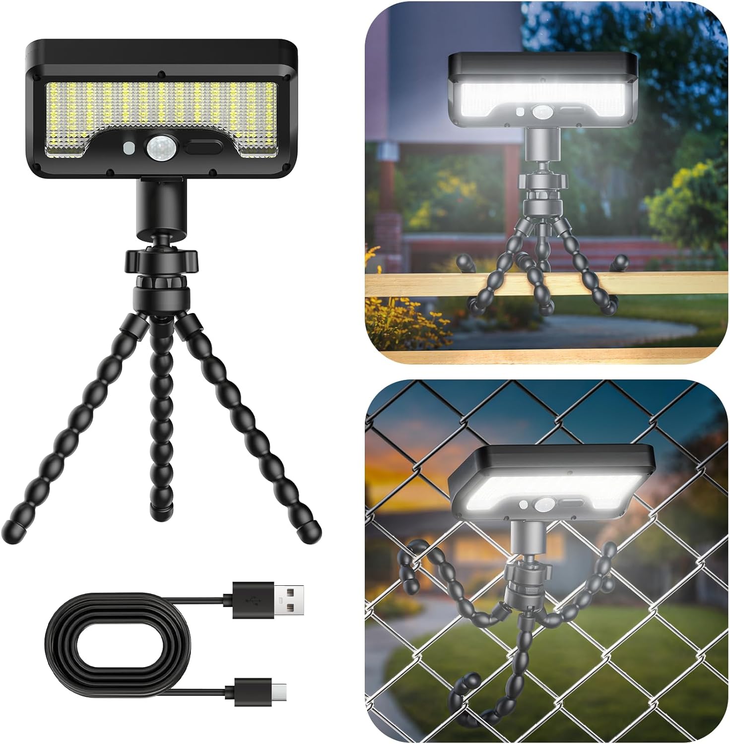 LED outdoor solar lamp, with waterproof and motion sensor, octopus stand, optical diffuse lens, USB and solar power supply, featuring 3 modes and adjustable Angle It is suitable for fences, gardens, gates and other places