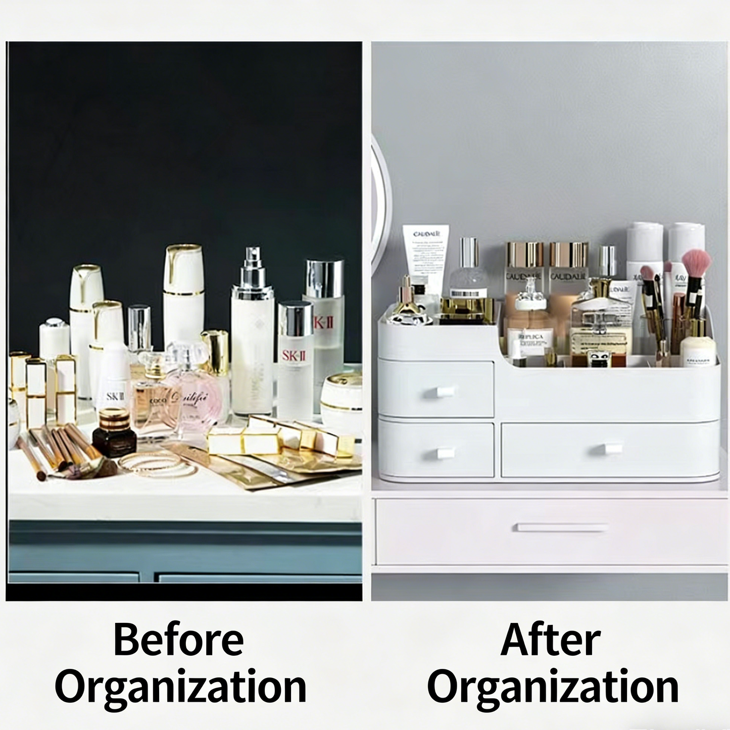 ⏳Time-Limited Special⏰💄💥💯Makeup Organizer with Drawers and 360° Rotating Brush Holder, Large Capacity Cosmetic Storage for Vanity, Skincare, Perfume, Hair Accessories, Lipstick & Jewelry