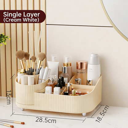 ⏳Time-Limited Special⏰💄💥💯Makeup Organizer with Drawers and 360° Rotating Brush Holder, Large Capacity Cosmetic Storage for Vanity, Skincare, Perfume, Hair Accessories, Lipstick & Jewelry