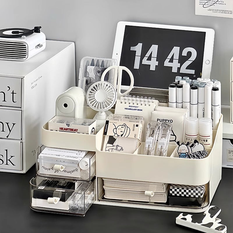 ⏳Time-Limited Special⏰💄💥💯Makeup Organizer with Drawers and 360° Rotating Brush Holder, Large Capacity Cosmetic Storage for Vanity, Skincare, Perfume, Hair Accessories, Lipstick & Jewelry