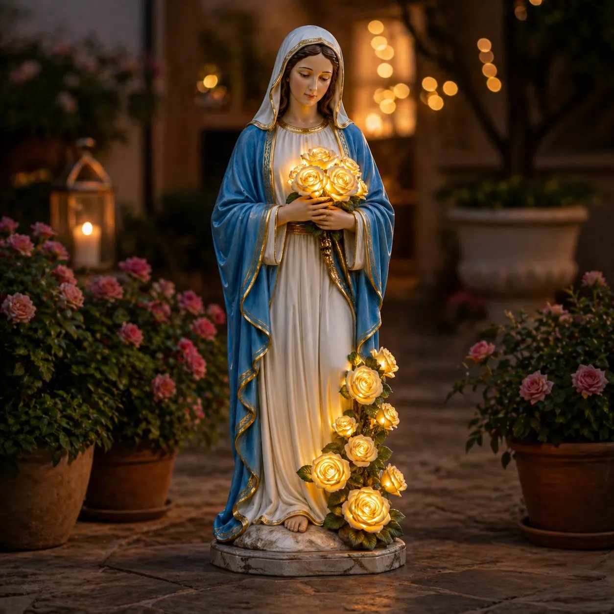 Virgin Mary Statue with Glowing Roses Solar Garden Light