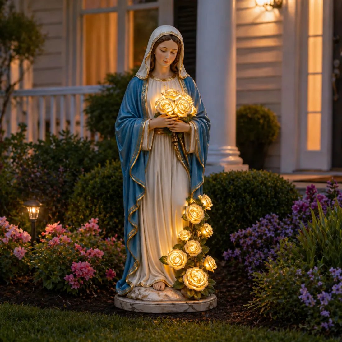 Virgin Mary Statue with Glowing Roses Solar Garden Light