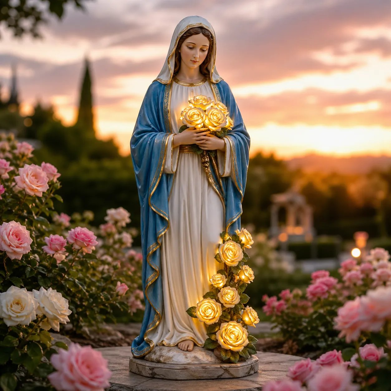 Virgin Mary Statue with Glowing Roses Solar Garden Light