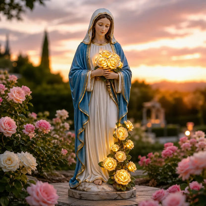 Virgin Mary Statue with Glowing Roses Solar Garden Light