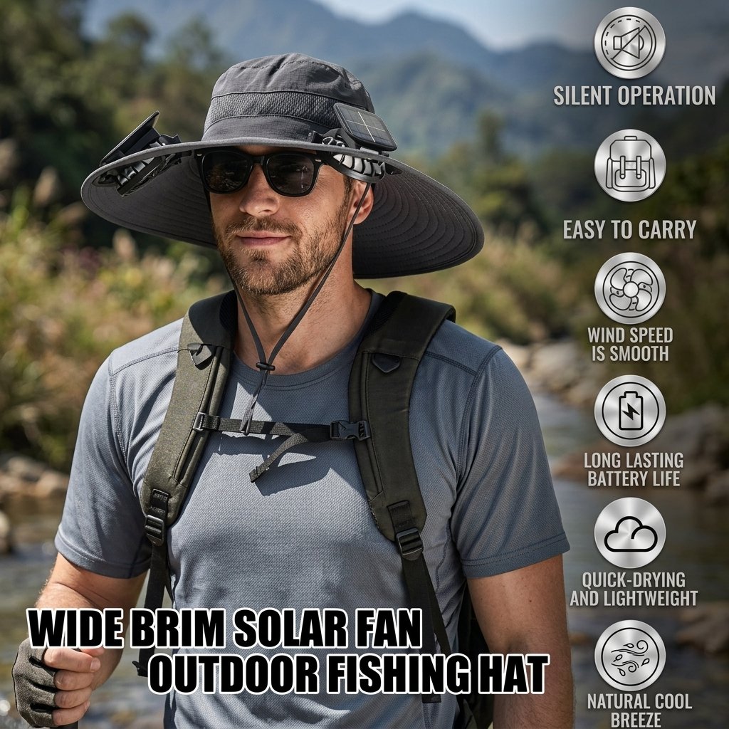 🔥 Wide Brim Solar Fan Outdoor Fishing Hat-Solar & USB Charging